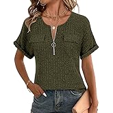 Viracy Womens Top Dressy Casual Short Sleeve Blouses V Neck Shirts 2025 Trendy Summer Fashion Loose Fit Zip-up Work Tops