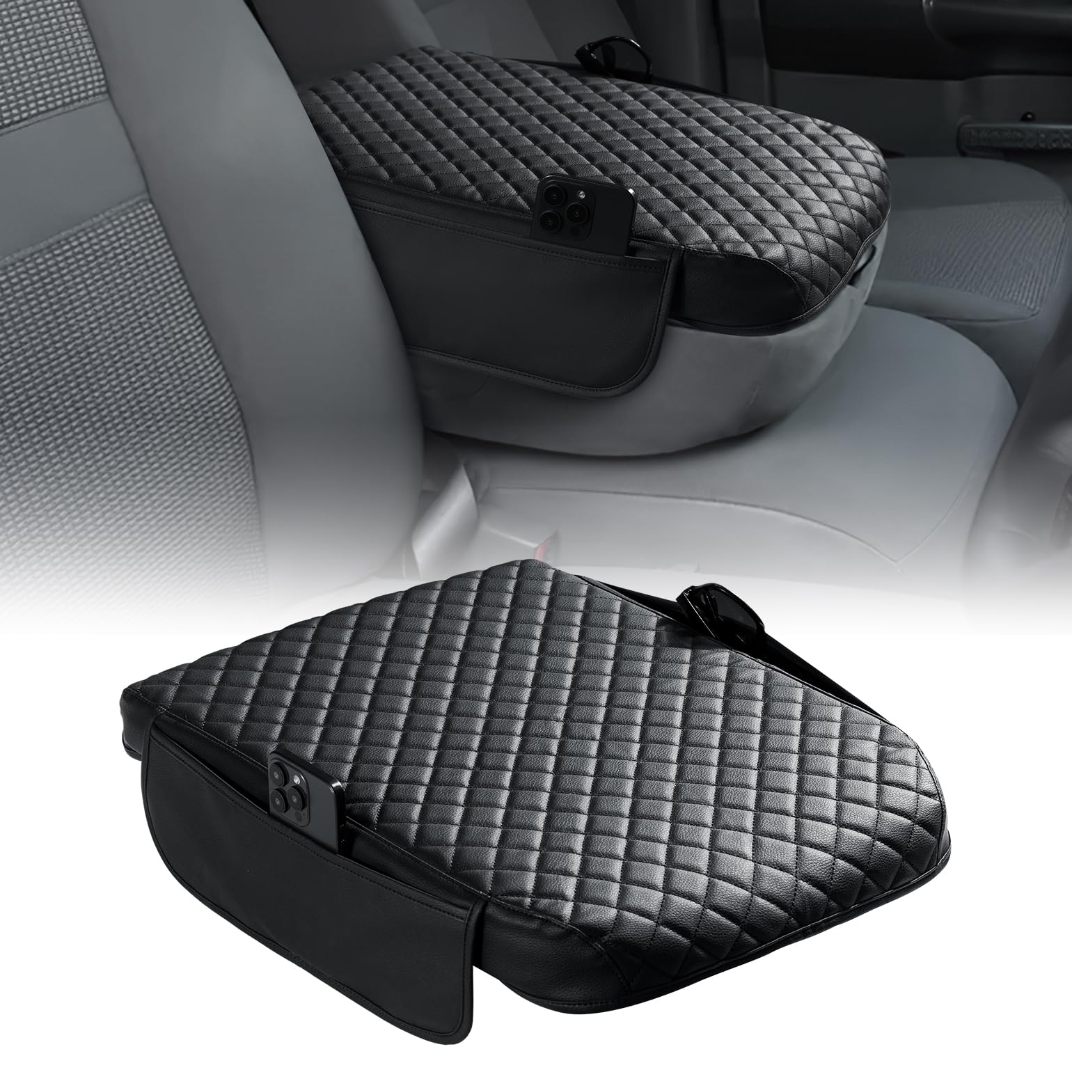 Photo 1 of JOYTUTUS Center Console Cover Compatible with 2002-2012 Ram 1500 2500 3500 Jump Seat Console, Leather Arm Rest Armrest Cover for Car, Middle Console Cover Car Arm Rest Cover Replacement, with 2 Pocket