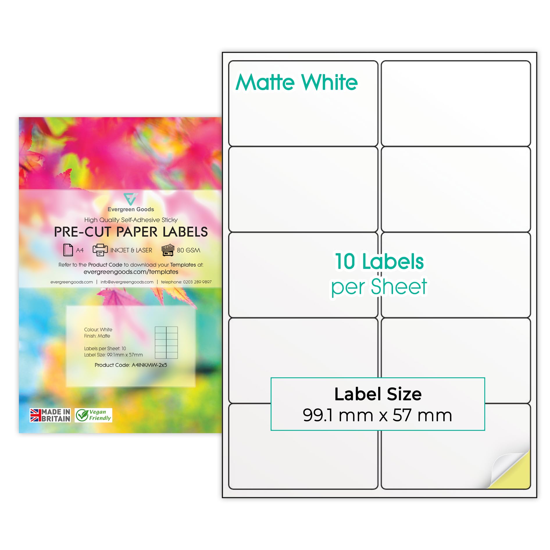 Evergreen Goods A4 Precut Multi Sticker Labels Matte White | 2x5, 10 per Sheet: 1,000 Labels in Total, 100 Sheets | Inkjet & Laser Printable | Sticky-Back Self Adhesive Multi-Purpose Printing Paper