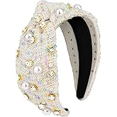CURASA Knotted Headband For Women Girls White Pearl Rhinestone Checkered Head Band Non Slip Elegant Wide Hairband Top Knot Trendy Bride Headpiece Crystal Beaded Jeweled Embellished Hair Accessories