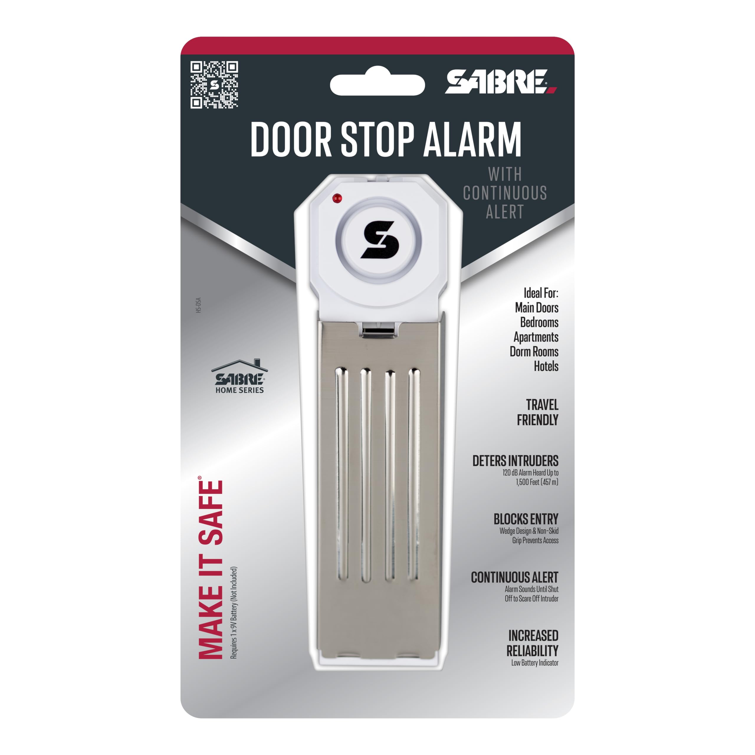 SABRE 120 dB Wedge Door Stop Security Alarm, Extremely Loud Wireless Siren Audible Up to 1,500 Ft., Non-Skid Pad, Compact Alarm Great for Home, Travel, Apartment or Dorm