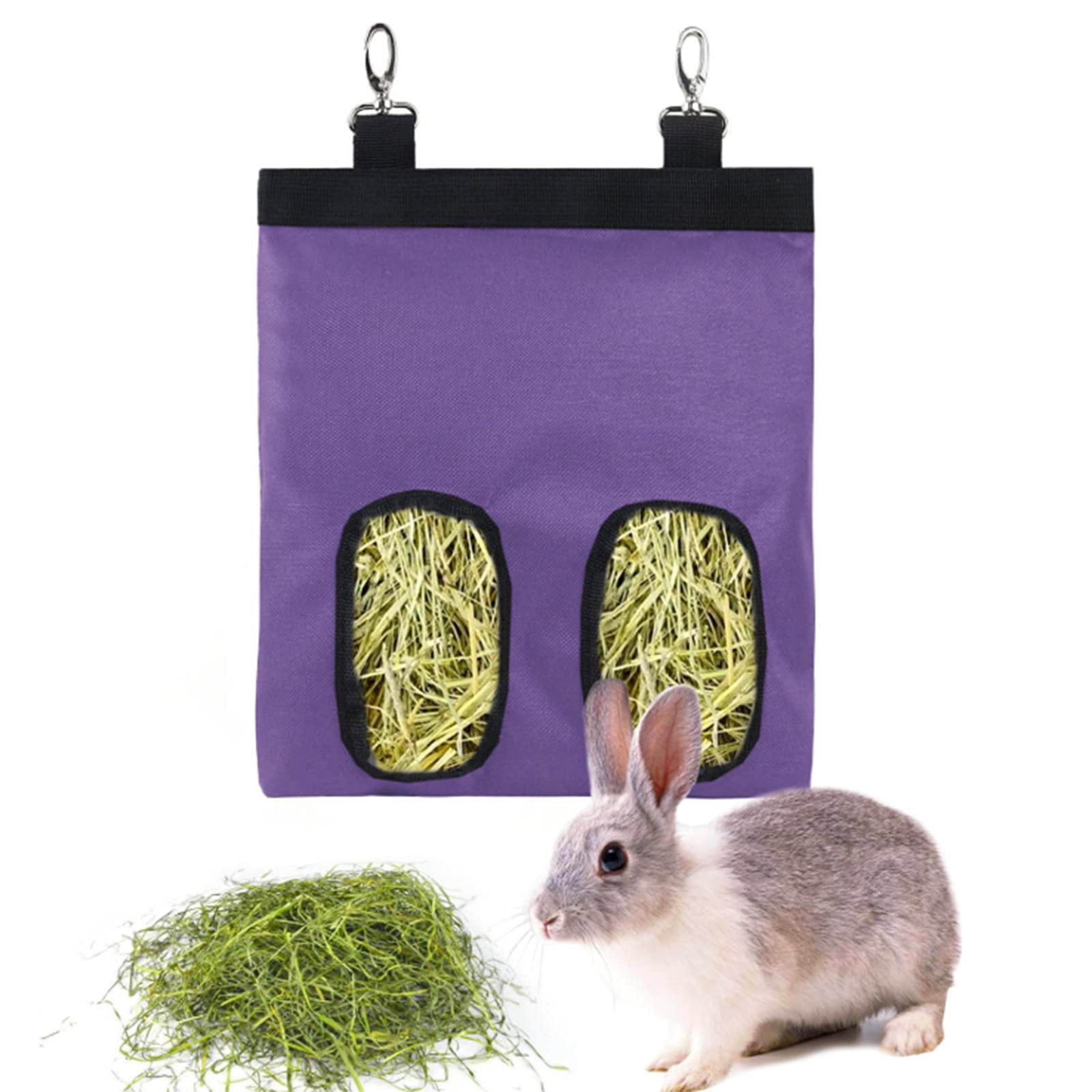 Rabbit Hay Feeder Bag Guinea Pigs Hanging Hay Rack Manger Holder Dispenser Small Animal Feeder Storage Pouch for Bunny Chinchilla Hamster (2 Windows, Purple)