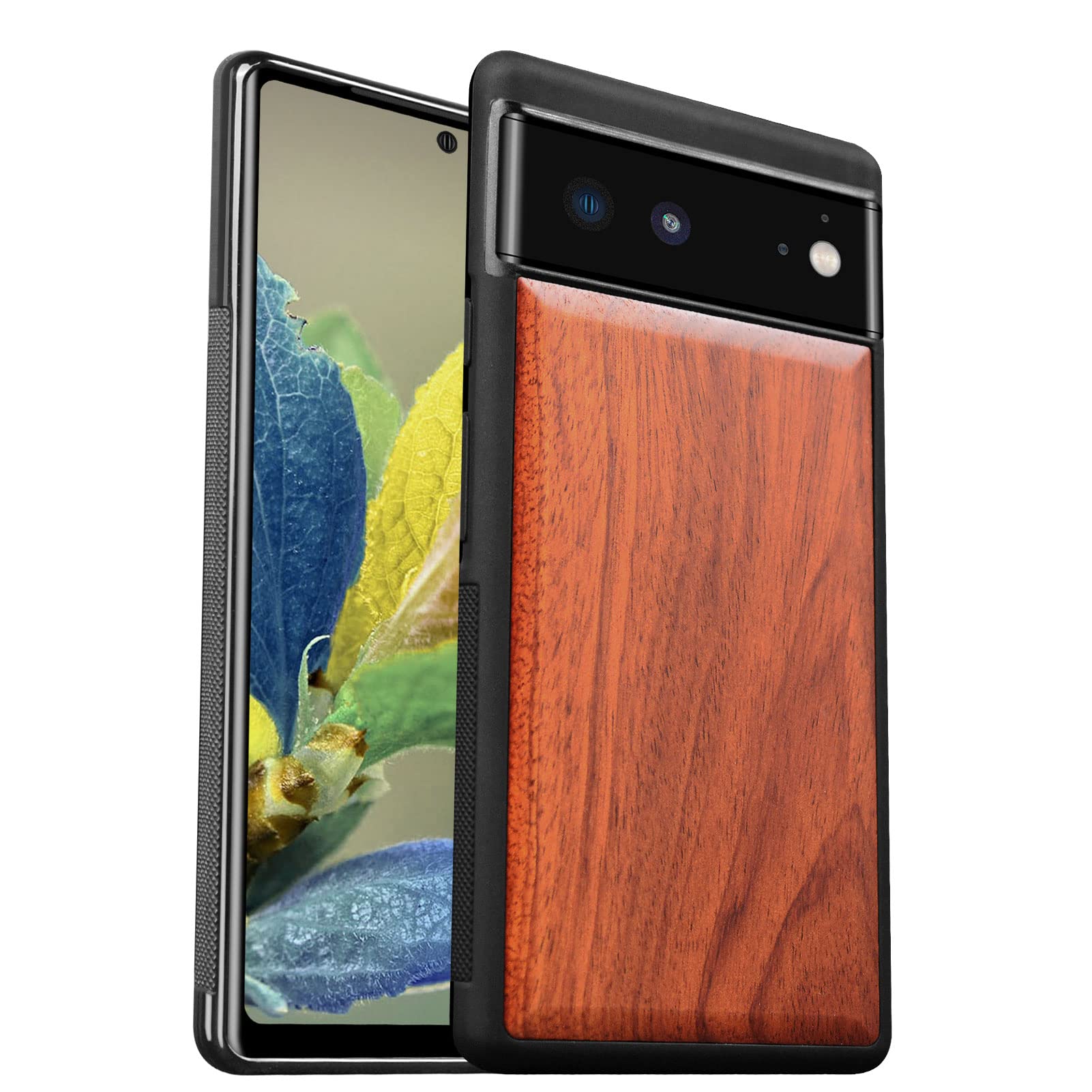 Carveit Natural Truly Wood Case for Google Pixel 6 Minimalist Art Cover [Anti Fingerprint Anti Slip Comfortable Grip] Shockproof TPU Bumper Compatible with Pixel 6 wooden Design Case (Rosy)