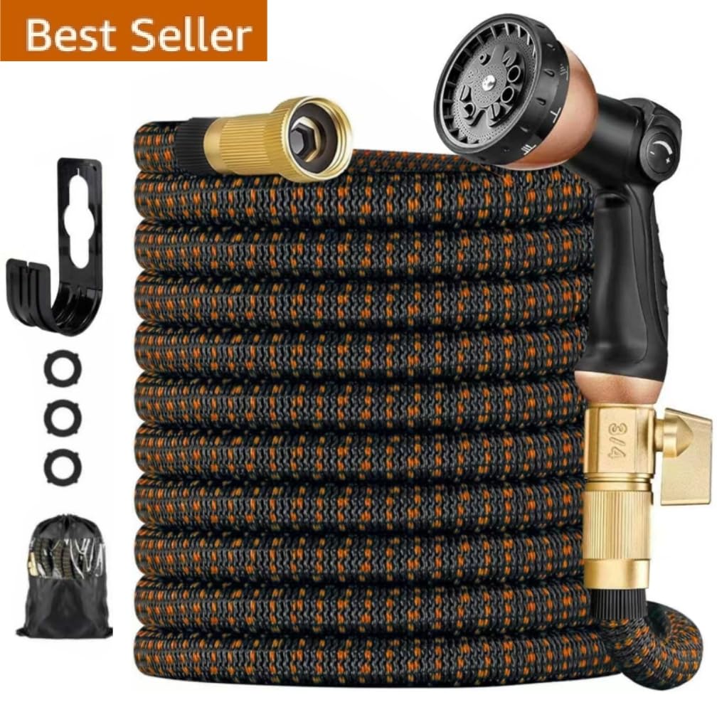 Photo 1 of 100 ft Expandable Garden Hose - Kink Free Flexible Water Hose with Thumb-Controlled 10-Function Nozzle, 3/4 Solid Brass Connectors, Retractable Latex Core - Lightweight Expanding Hose