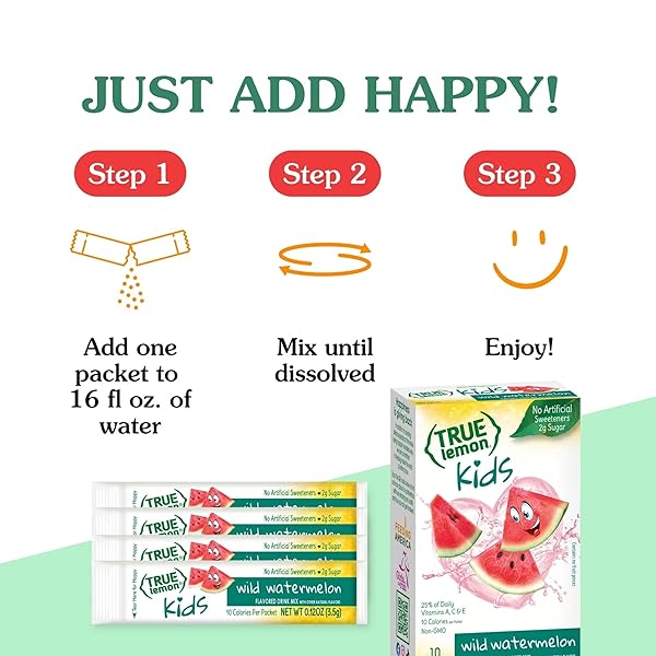 TRUE LEMON KIDS WILD WATERMELON (10 PACKETS) – HYDRATION FOR KIDS – NO PRESERVATIVES, NO ARTIFICIAL FLAVORS & SWEETENERS – LOW SUGAR WATER FLAVORING – JUICE POWDERED DRINK MIX