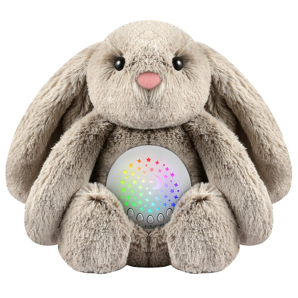 Meero London AKT12R Rabbit Plush Toy, Night Light, Sleep Timer, Plush Toy Baby Sleep Soother with Night Twinkle Stars Projector with 15 Musical Lullabies-Unisex-Gift Pack
