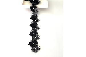 BUYSK 2 Yards 3D Pearl Beads Flower Lace Trim Ribbon Floral Applique Embroidered Lace Fabric for Sewing DIY Crafts (Black)