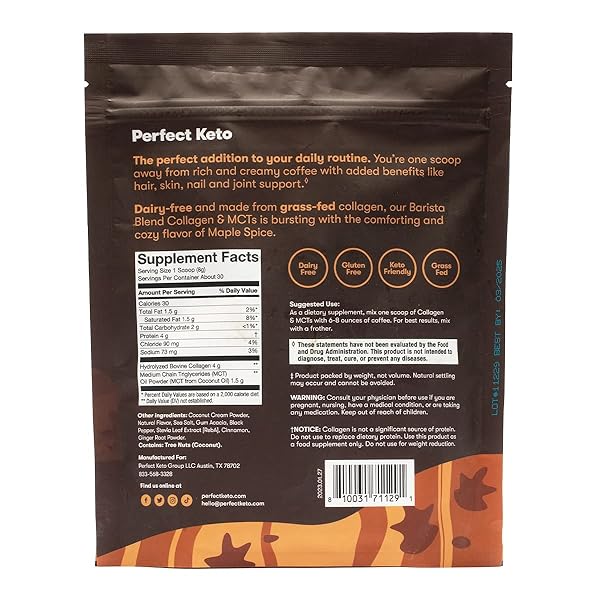 PERFECT KETO BARISTA BLEND COLLAGEN COFFEE CREAMER POWDER WITH MCT OIL, DAIRY FREE, LOW SUGAR, GRASS FED HEALTHY CREAMER FOR KETOGENIC DIET, ENERGY AND HEALTHY SKIN, HAIR AND NAIL SUPPORT, MAPLE SPICE