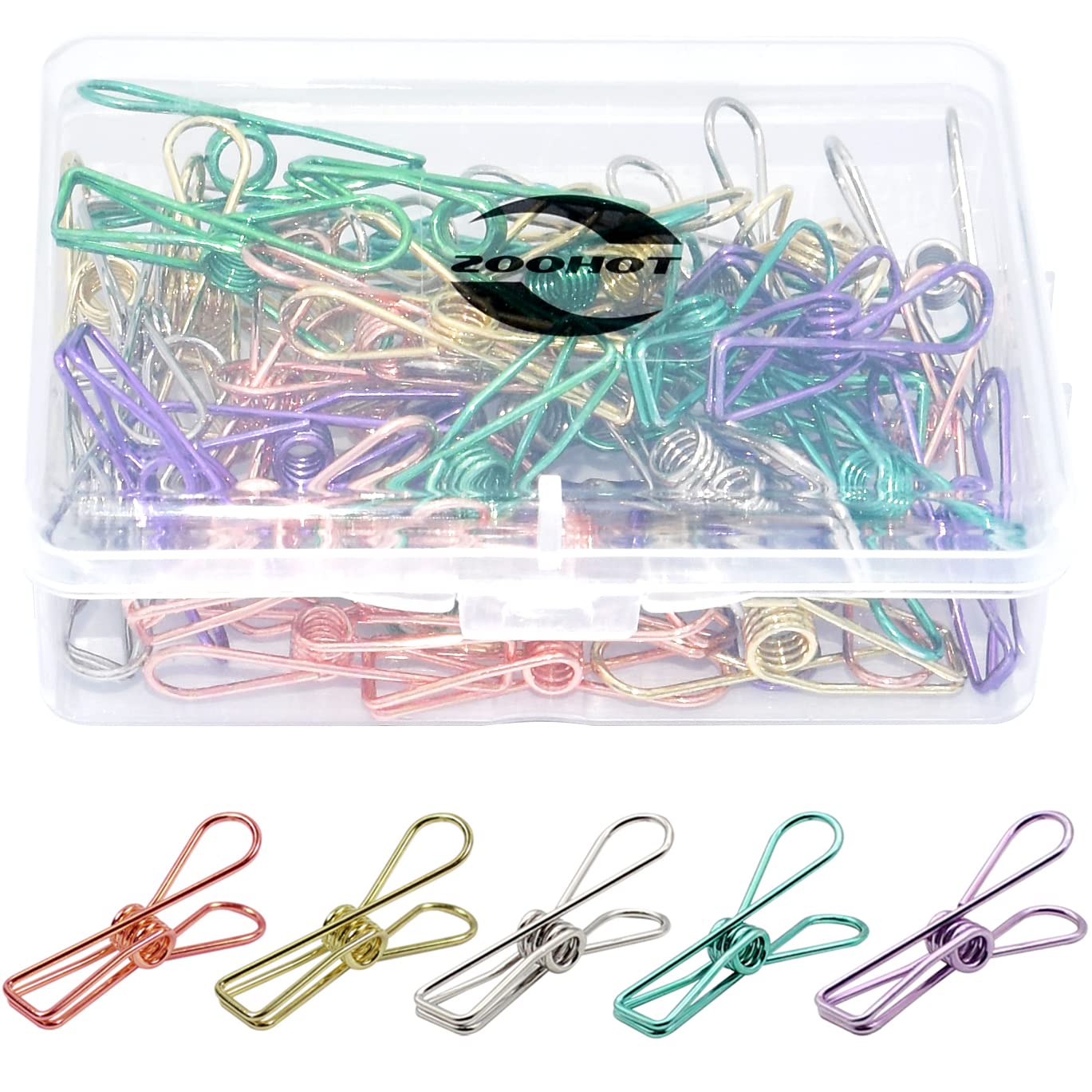 Zoohot Pack of 50 Small Metal Wire Clips - Multi-Purpose Utility Clips 5 Colors (Rose Gold, Gold, Silver, Purple, Green)