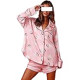 Adoeren Women Christmas Santa Pajama Shorts Set Colorful Graphic Pjs Long Sleeve Shirt Shorts 2Piece Holiday Loungewear