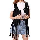 PARTTELY Women Fringe Vest 70s Hippie Costume Faux Suede Rivets Tassel Sleeveless Cowgirl Western Costume Jacket Outerwear