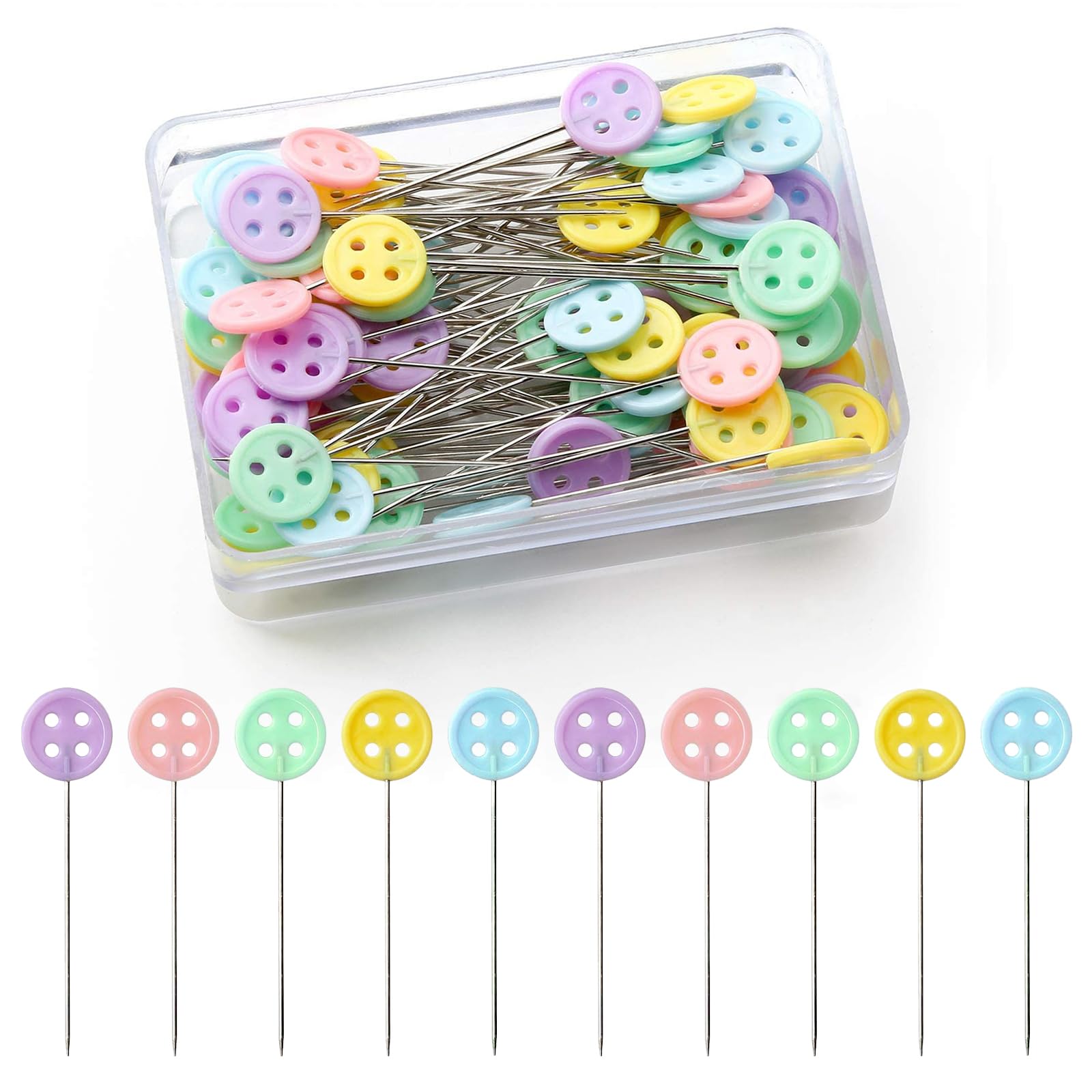 Sewing Pins,100 Pcs Flat Head Quilting Pins of Flower/Button Shape with a Storage Box Assorted Colors Patchwork Accessories Dressmaking Pins for Dressmaker Crafts