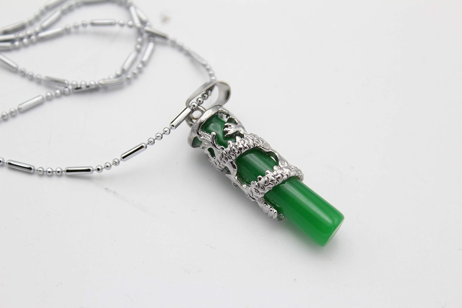 LuckyGifts Malaysian Natural Green Jade Pole Silver Plated Dragon Pendant Necklace Feng Shui Protection