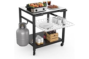 NUUK Grill Cart 30"x24" Pizza Oven Table for Outdoor 3-Shelf with Stainless Steel Top and Sliding Drawer BBQ Grilling Carts Outside Serving Prep Tables Indoor Stand
