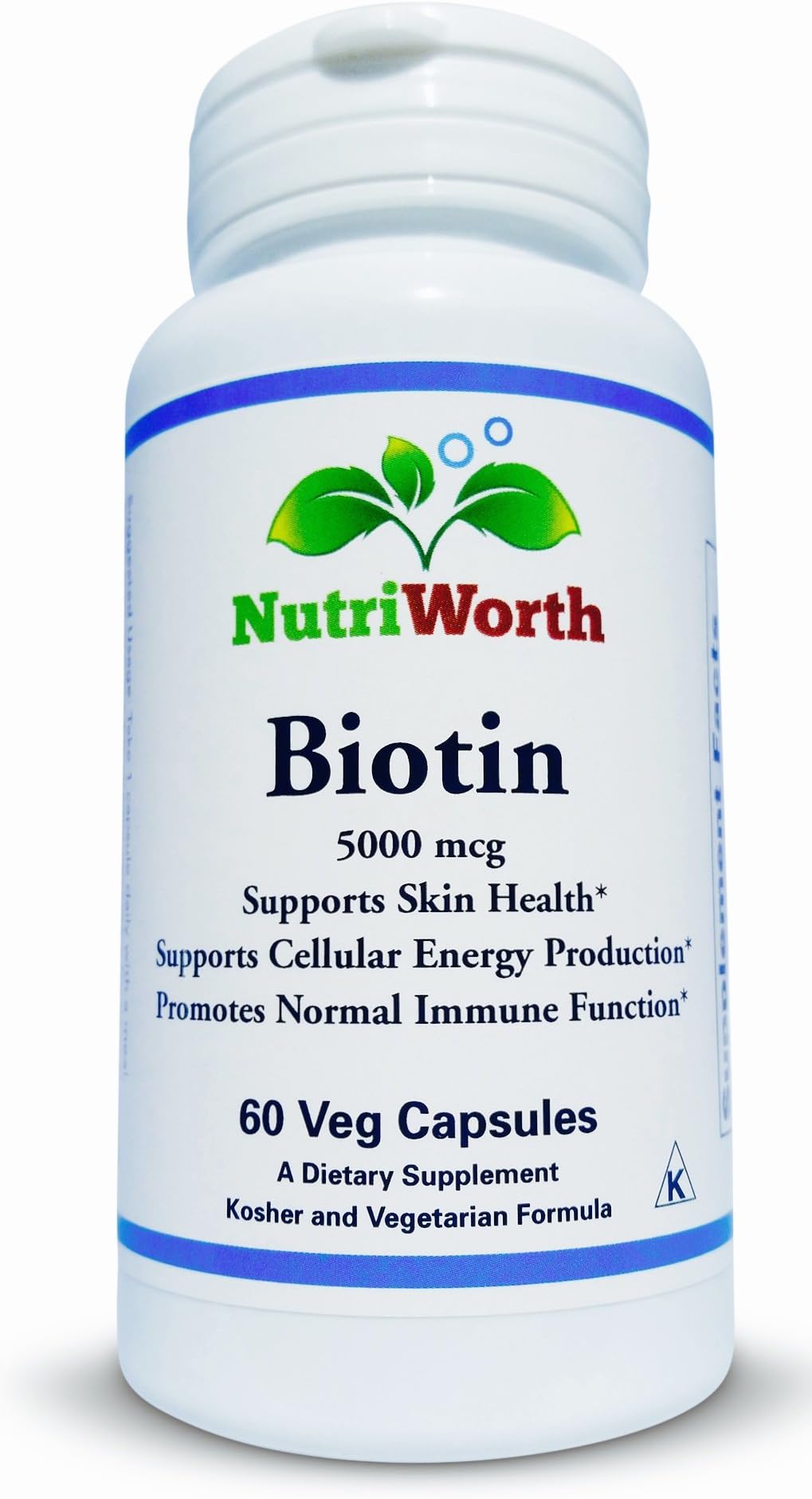 NutriWorth Biotin, 5000mcg, Kosher 60 Vegetable Capsules