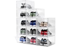 BEEHOMAY Large Shoe Boxes Clear Plastic Stackable，Drop Front Shoe Box with Clear Door, Shoe Containers For Sneaker Display,Fit up to US Size12 (clear, 12 pack)