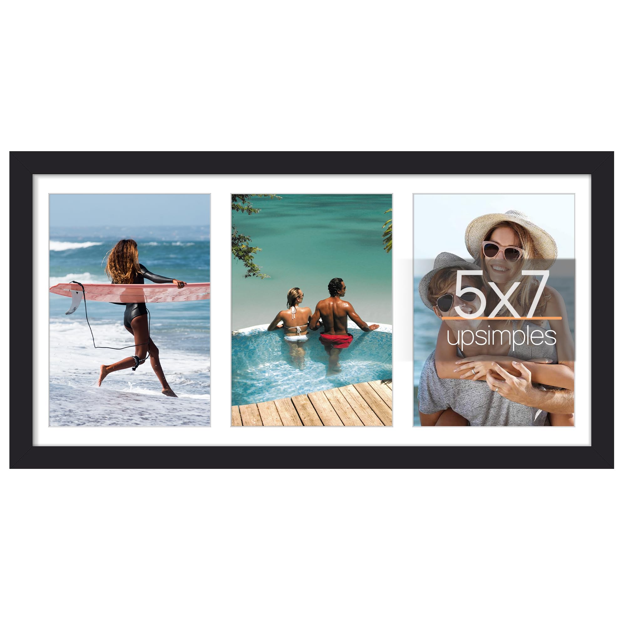 Photo 1 of upsimples 8x16 Collage Picture Frame, Display Pictures 3 5x7 with Mat or 8x16 Without Mat, Wall Hanging 3 5x7 Picture Frame Collage Wall Decor, Black, 1 Pack