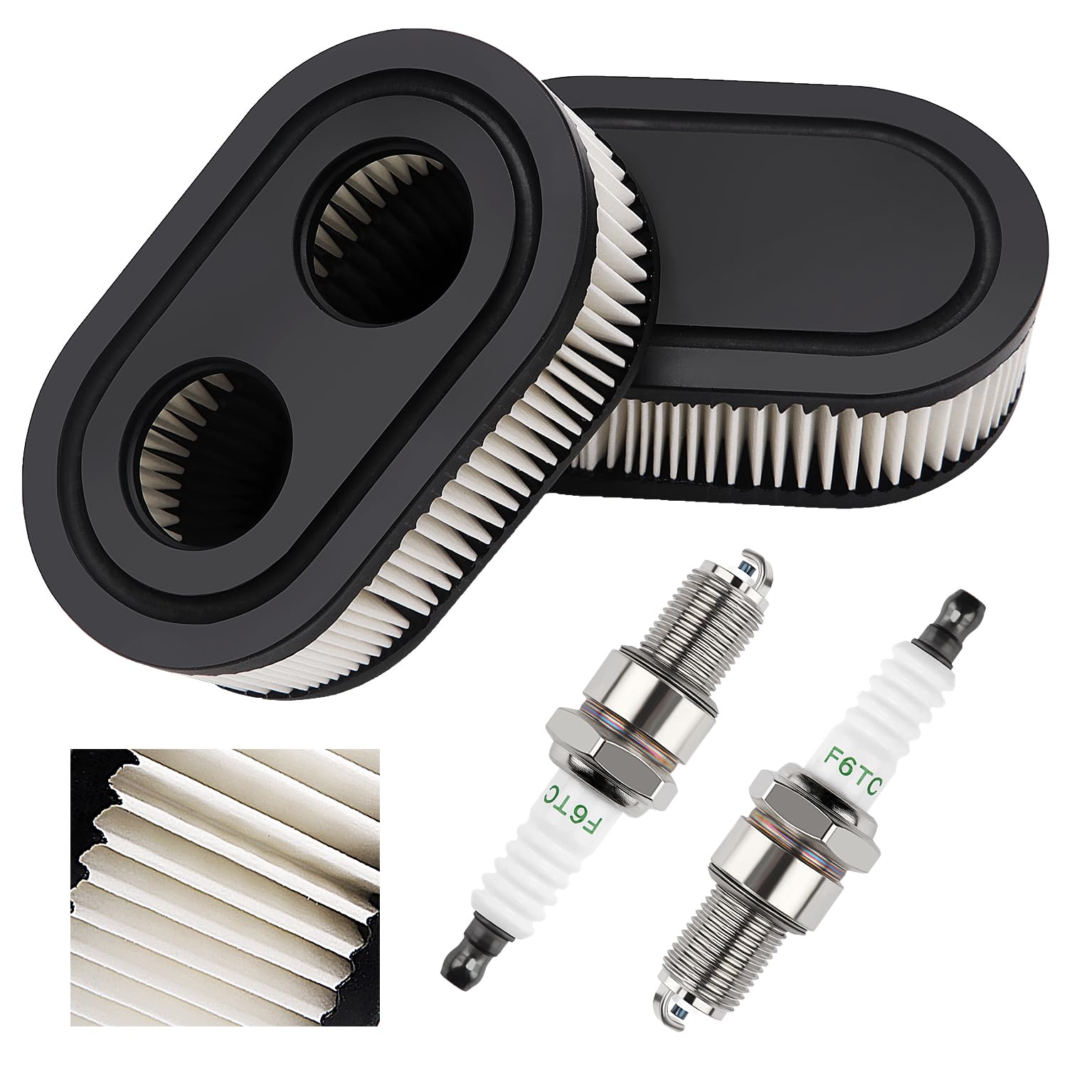 VooGenzek 2 PCS Air Filters and 2 PCS Spark Plug, Air Cleaner Cartridge Replacement for 593260 Walk-Behind Lawn Mower, Compatible with Briggs & Stratton Engines 798452