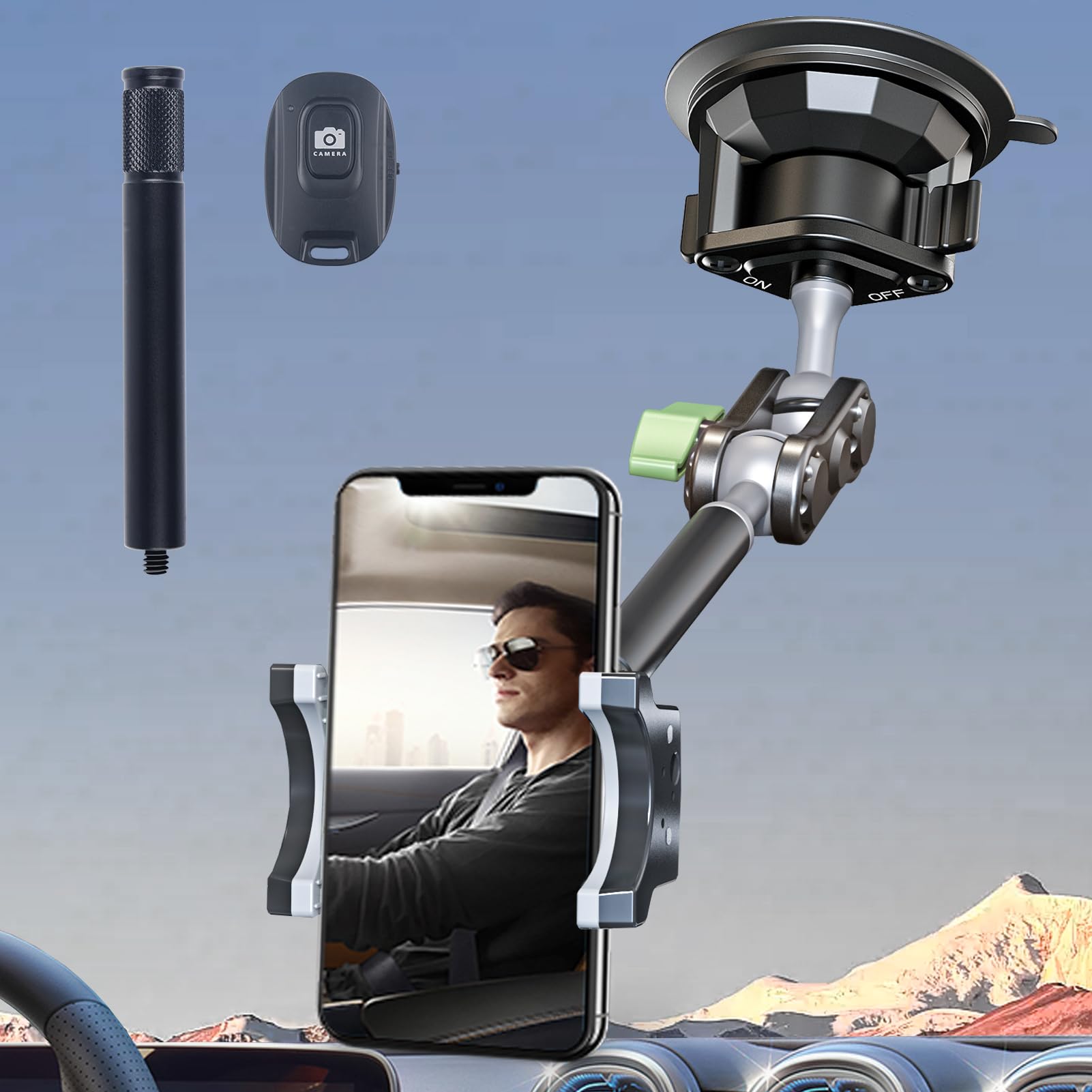 leepiya Car Phone Mount Video Recording Universal Magic Arm Suction Car Phone Holder Mount Windshield Window Glass Dashboard Vlog Shooting Car Phone Mount for All Smartphones & Cars