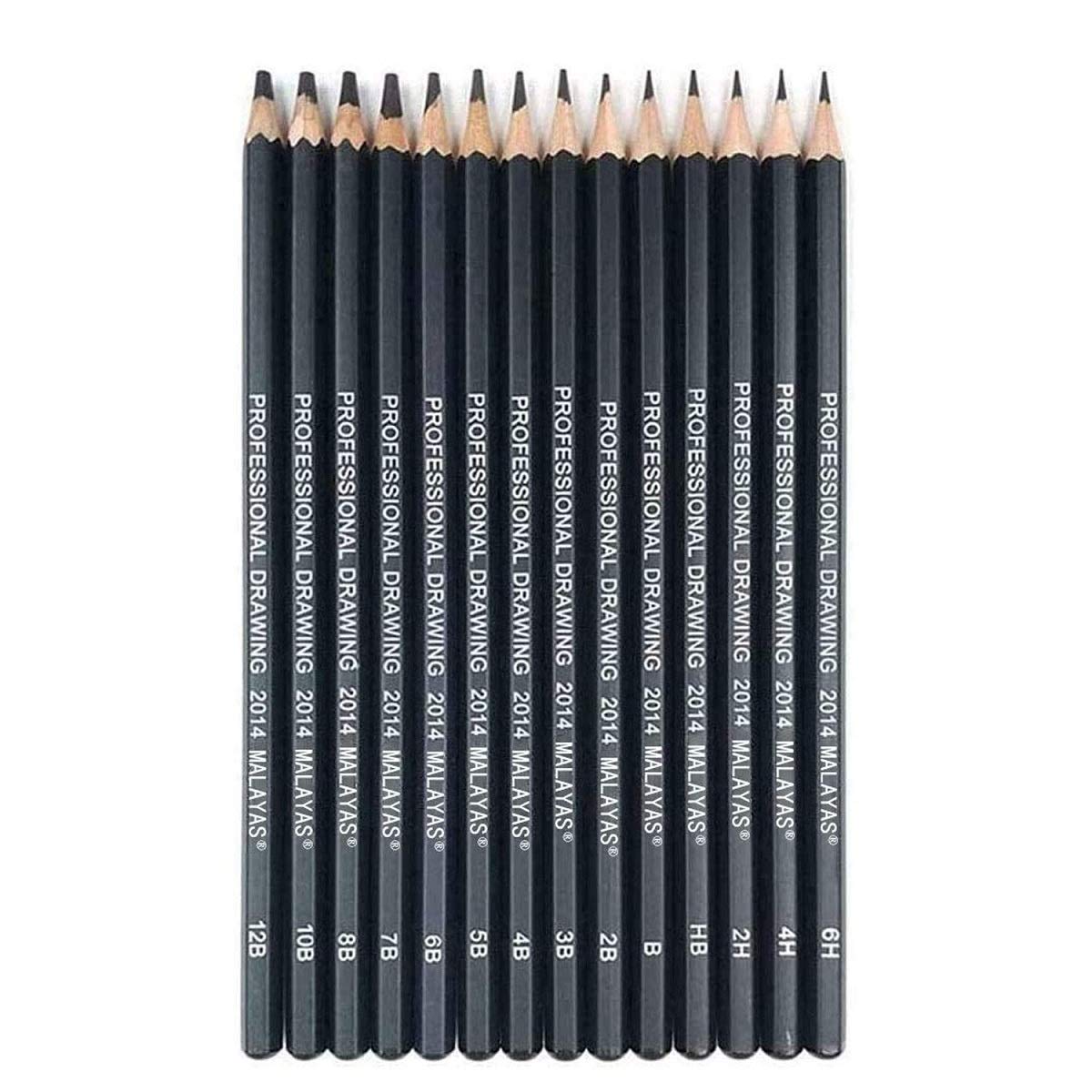 Malayas Drawing Sketch Pencil Set 14pcs Sketching Pencils 12B 10B 8B 7B 6B 5B 4B 3B 2B B HB 2H 4H 6H Graphite Pencils for Kid Adults Artists Student Beginners Professional