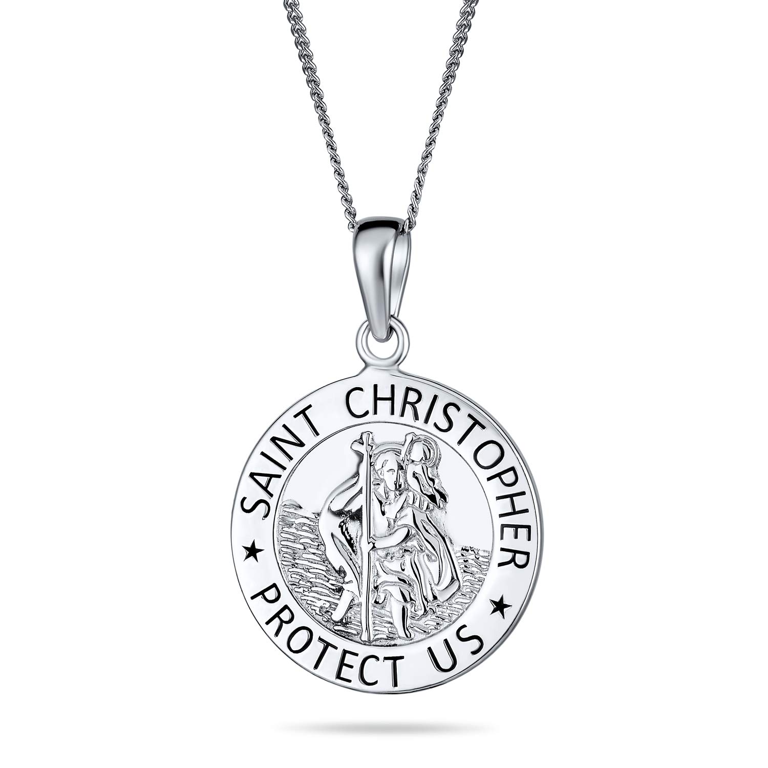 Bling Jewelry Personalized Medium Size Parton Of Safe Travel Protect Us Religious Medal Medallion Round Saint Christopher Pendant Necklace For Women .925 Sterling Silver Customizable
