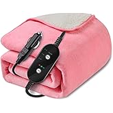 Sino Salected 12V/24V Heated Car Blanket, Electric Blanket Flannel Heating Throw for Car, SUV, RV, or Camping, 60" x 44", Hi/M/Lo Heating Settings, Auto-Off Timer,Pink