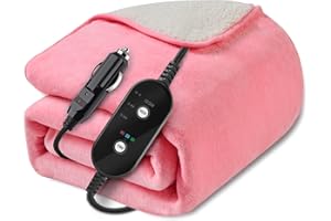 Sino Salected 12V/24V Heated Car Blanket, Electric Blanket Flannel Heating Throw for Car, SUV, RV, or Camping, 60" x 44", Hi/M/Lo Heating Settings, Auto-Off Timer,Pink