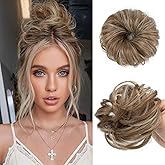 CJL HAIR 2PCs Small Cute Messy Bun Hair Piece for Thin Hair Women Mini Synthetic Curly Bun Scrunchies Updo Hairpieces Beige Multi