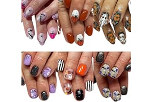 CTTHNBD 6 Packs (144 Pcs) Halloween Press on Nails Short Square, Almond Press on Nails, with Pumpkins Ghost Spider Web Design Stick on Fake Nails for Women - 12 Sizes, 6Styles