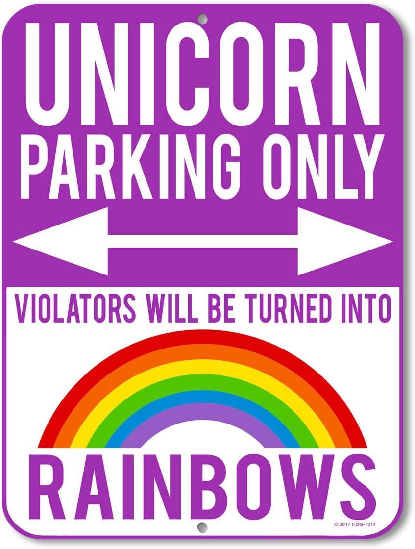 Unicorn Parking Only Violators Will be Turned into Rainbows - Unique Purple 9 x 12 inch Metal Aluminum Novelty Sign Decor for Girls Room or as Funny Gifts - Made in the USA