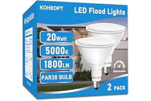 KOHEOPT PAR38 LED Flood Light Bulbs, （2 Pack） 20W Outdoor Flood Lights,1800 Lumens 5000K Dimmable Daylight, Replaces 200W Bul