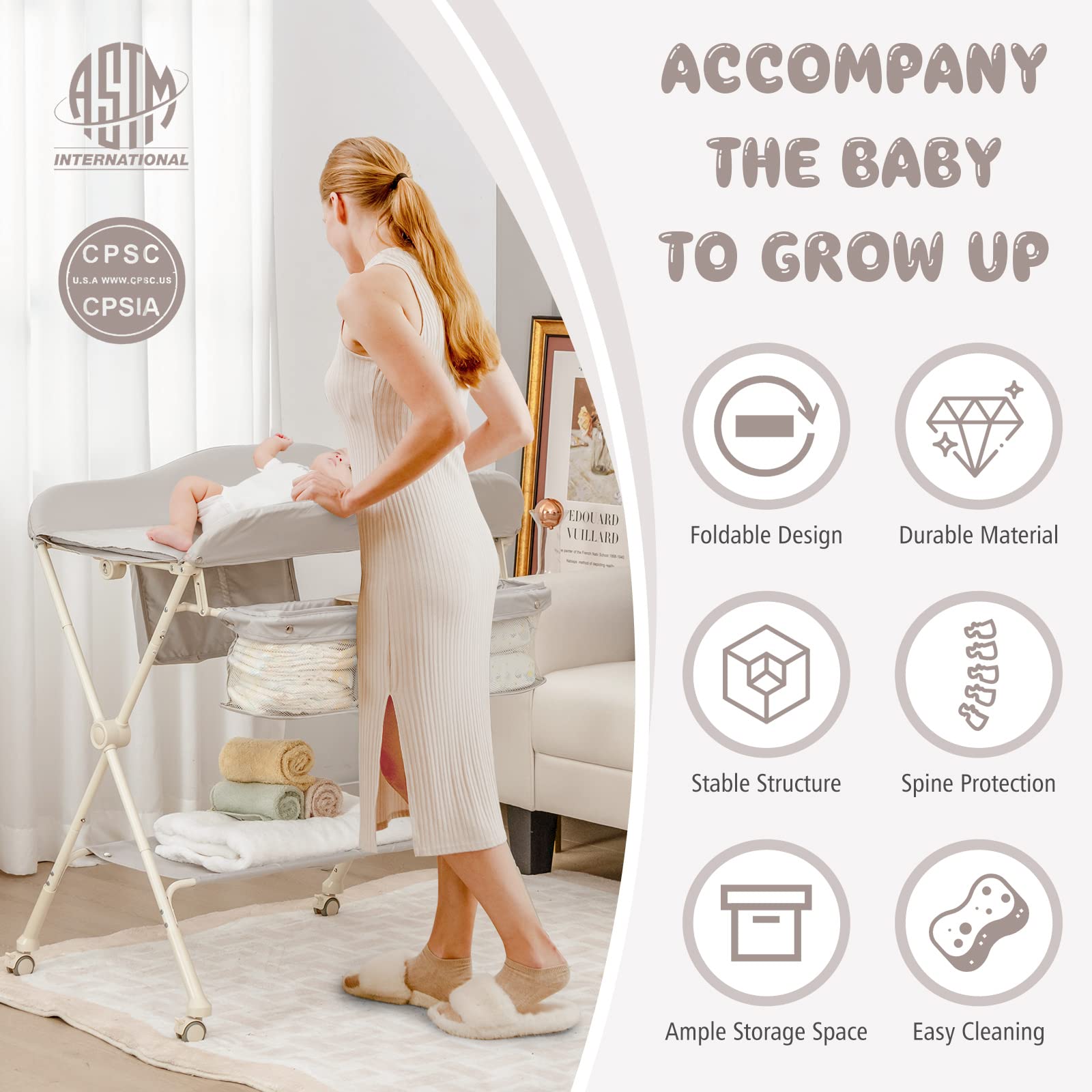 BABY JOY Portable Baby Changing Table, Foldable Diaper Changing Station w/Wheels, Adjustable Height, Large Storage Rack, Water Basin, Safety Belt, Mobile Nursery Organizer for Newborn Infant (Gray)