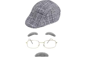 4Pcs Grandpa Old Man Costume Kit for Adult- Gray Mustache and Eyebrows, Glasses, Flat Hat