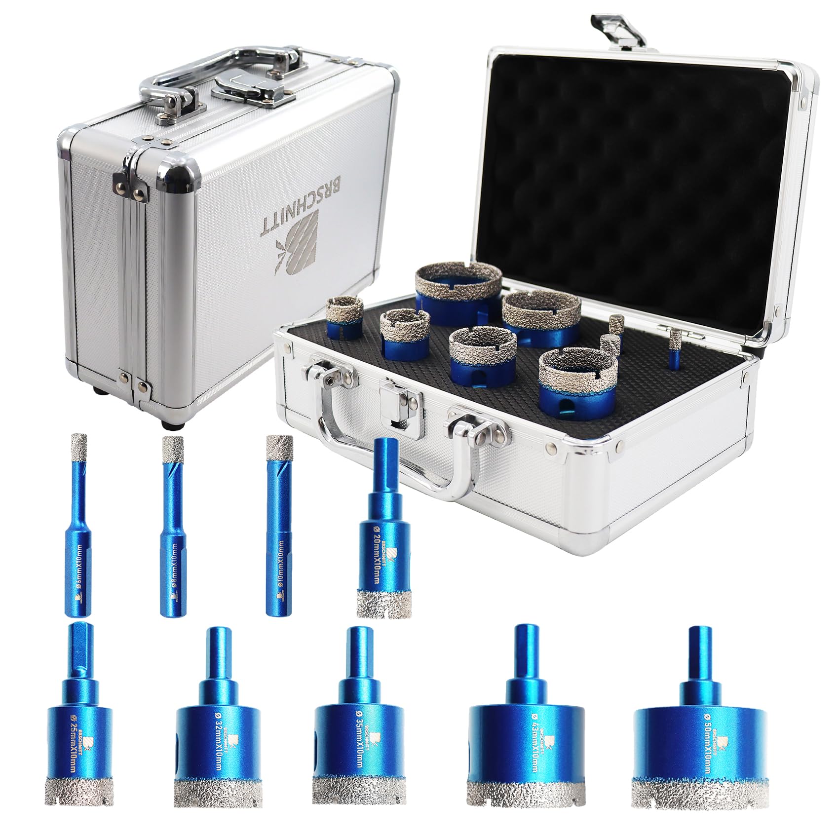 BRSCHNITT Diamond Hole Saw Kit - Porcelain Tile to Granite Drilling, 9pcs Diamond Drill Bits with Triangle Shank (6 8 10 20 25 32 35 43 50mm)