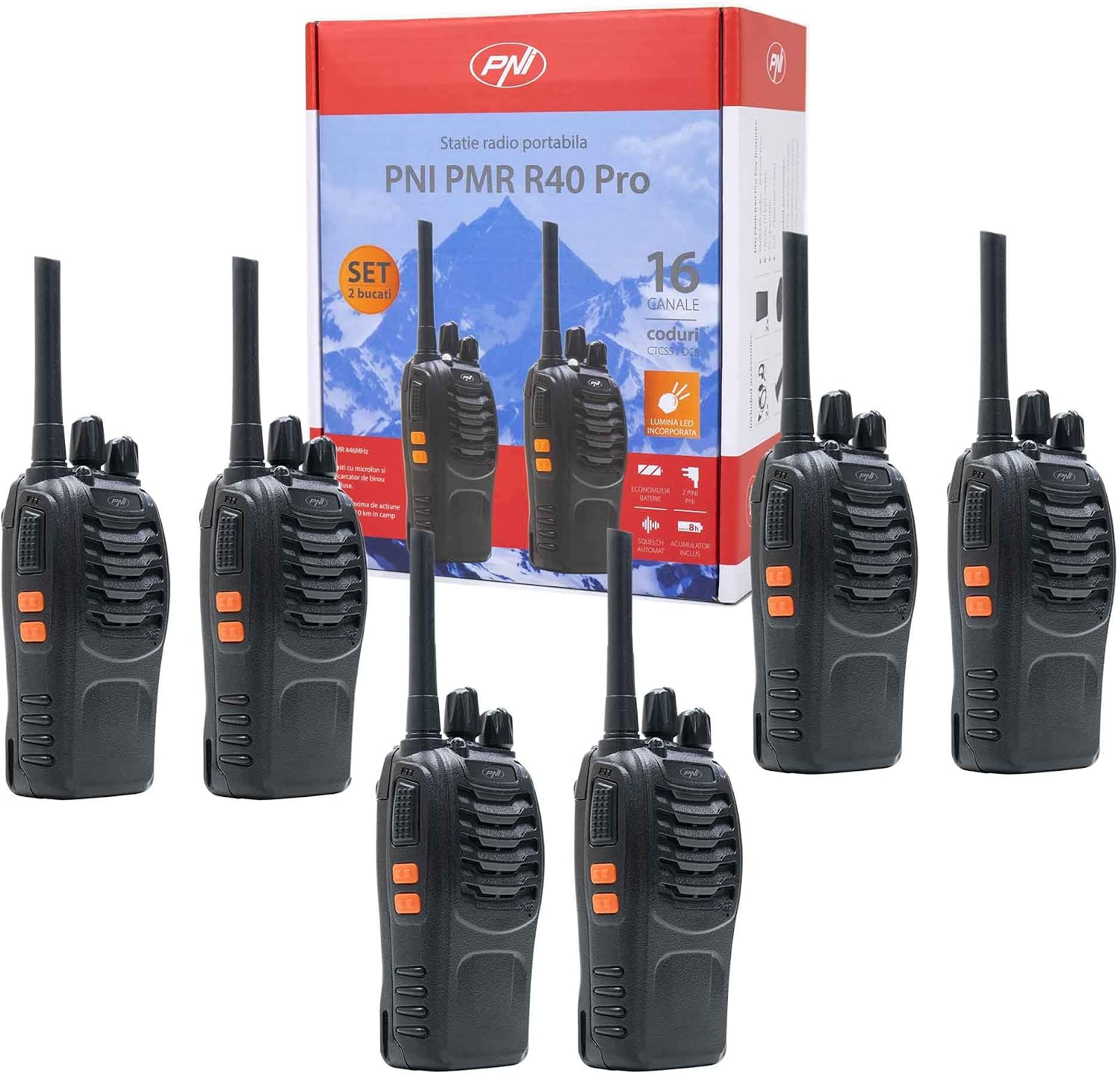 Pack of 6 pieces Portable radio PNI PMR R40 PRO batteries, chargers and headphones included, Black, 6 piece kit