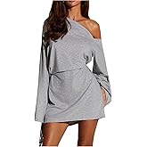 Milumia Women's Off The Shoulder Ruched Mini Dress Asymmetrical Long Bell Sleeve Casual Dresses