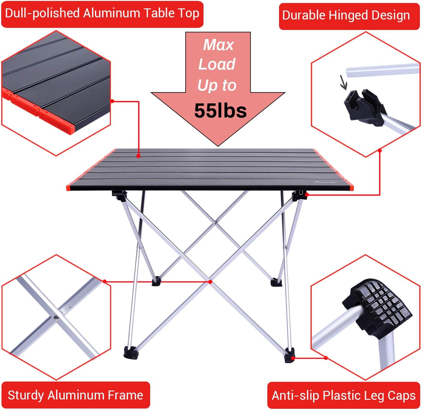 Sportneer Portable Camping Tables with Mesh Storage Bag, Ultralight Camp Folding Side Table, Aluminum Table Top Great for Camp, Picnic, Backpacks, Beach, Tailgate, Boat, S, M, L : Sports & Outdoors