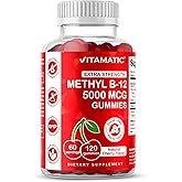Vitamatic Extra Strength Vitamin B12 5000 mcg (Methyl B12) Gummies - 120 Count - Energy Metabolism Support and Nervous System Health Support, Natural Cherry Flavored (1)