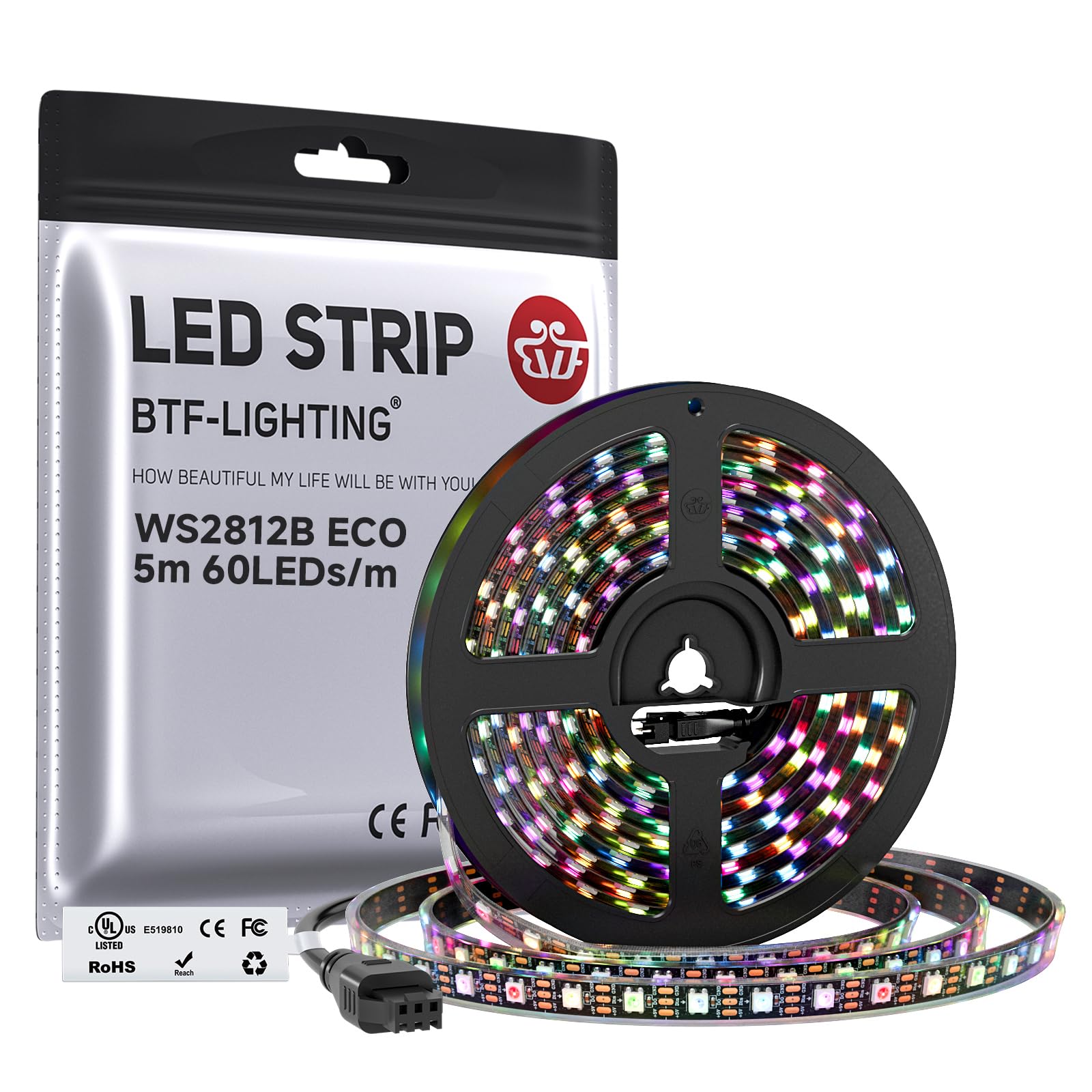 BTF-LIGHTING WS2812E ECO RGB Alloy Wires 5050SMD Individual Addressable 16.4FT 60Pixels/m 300Pixels Flexible Black PCB Full Color LED Pixel Strip Dream Color IP30 Non-Waterproof DIY Projects Only DC5V