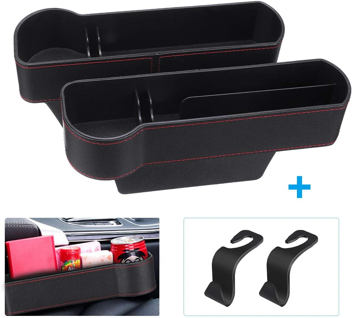 CHARMINER Car Seat Filler, PU Leather Car Seat Organizer with Cup Holder, Seat Console Side Pocket for Cellphones, Keys, Cards, Wallets, Sunglasses, etc. (2 Pack) …