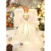 HOHOTIME 12'' Angel Tree Topper with White Feather Wings and Silver Skirt, Christmas Tree Topper with LED Light for Xmas Tree Top Decor Holiday New Year Home Ornament Decorations