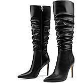 COLETER Women's Knee High Boots Pointed Toe Stiletto Buckle Dress Boots Slouch Zipper Heeled Boots