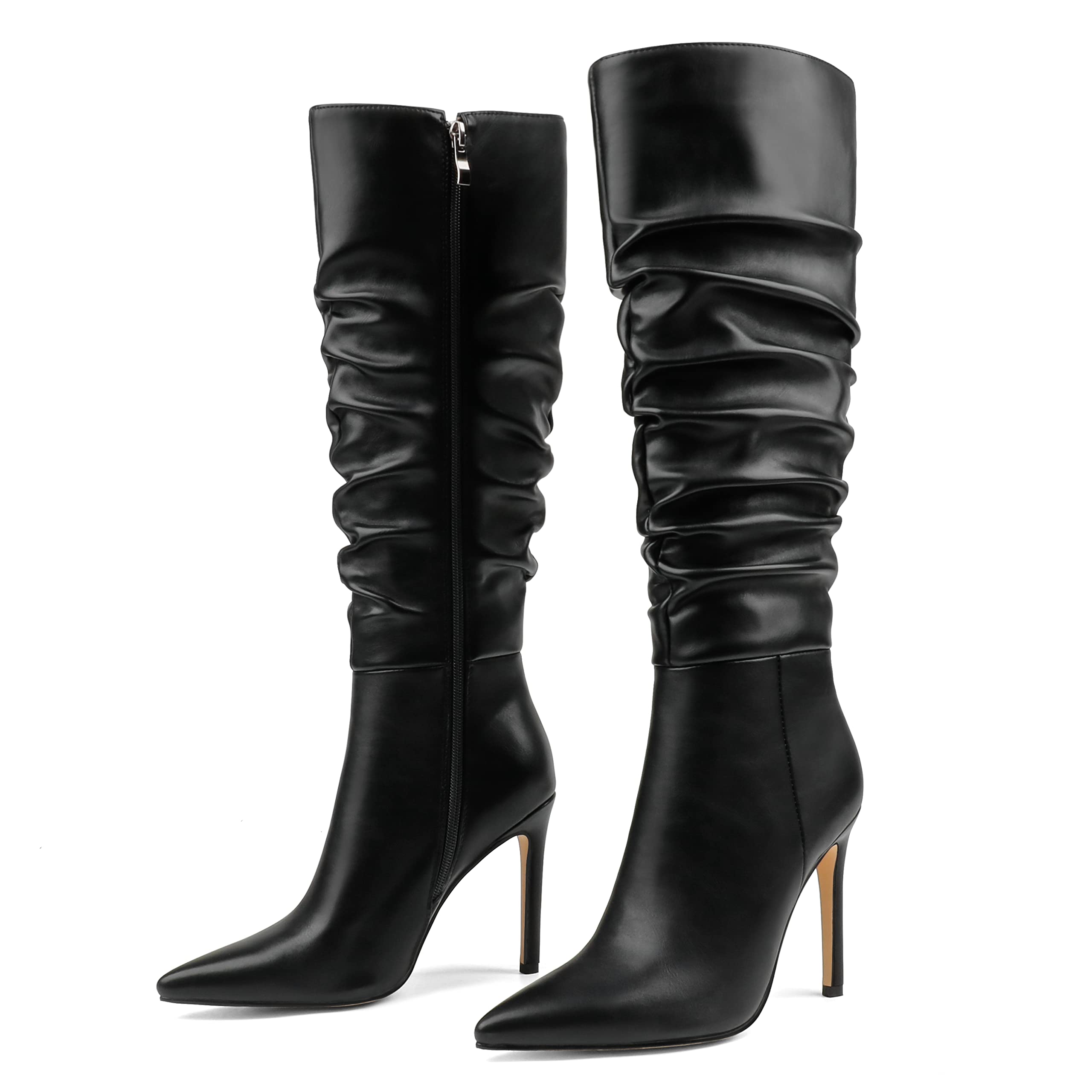 Photo 1 of COLETER Women's Knee High Boots Pointed Toe Stiletto Boot Slouch Zipper Heeled Boots Matte Black 7.5US