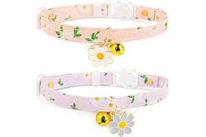 LIUGJIAU 2 Pack Cotton Breakaway Cat Collar with Bell Pink&Purple Flowers Pendant Cute Kitten Cat Collar Suitable for Girls and Boys