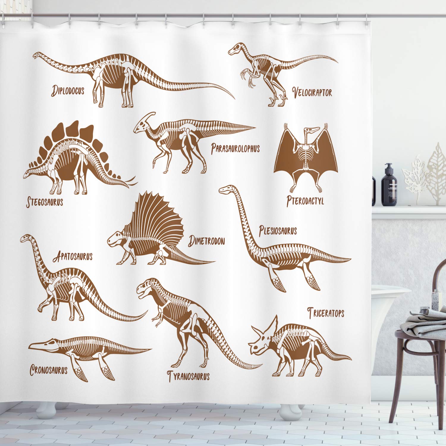 ABAKUHAUS Velociraptor Shower Curtain, Group of Dinosaurs Animals Triassic Period Reptiles Graphic Image, Cloth Fabric Bathroom Decor Set with Hooks, 175 x 220 cm, Brown And White — image 1