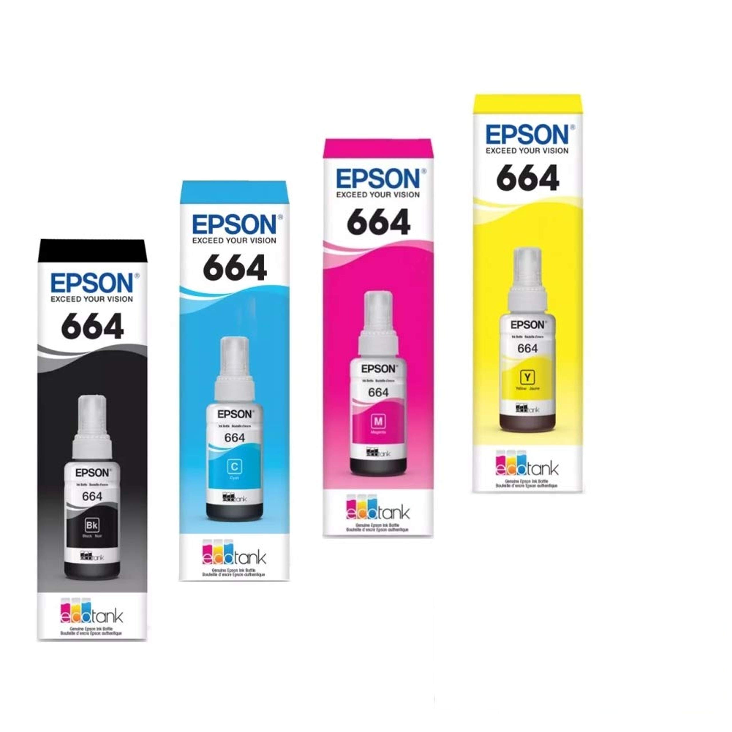 Genuine Epson Ink Bottles - Ecotank (T6641-4-SVH) 4 Bottles: Black, Cyan, Magenta, Yellow (ET-2500, ET-2550, ET-2600, ET-2650, ET-4500)