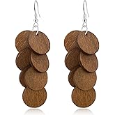 WIKMAB Bohemian Wooden Round Geometry Lightweight Dangle Drop Earrings Natural Wood Circle Fringe Hook Earrings