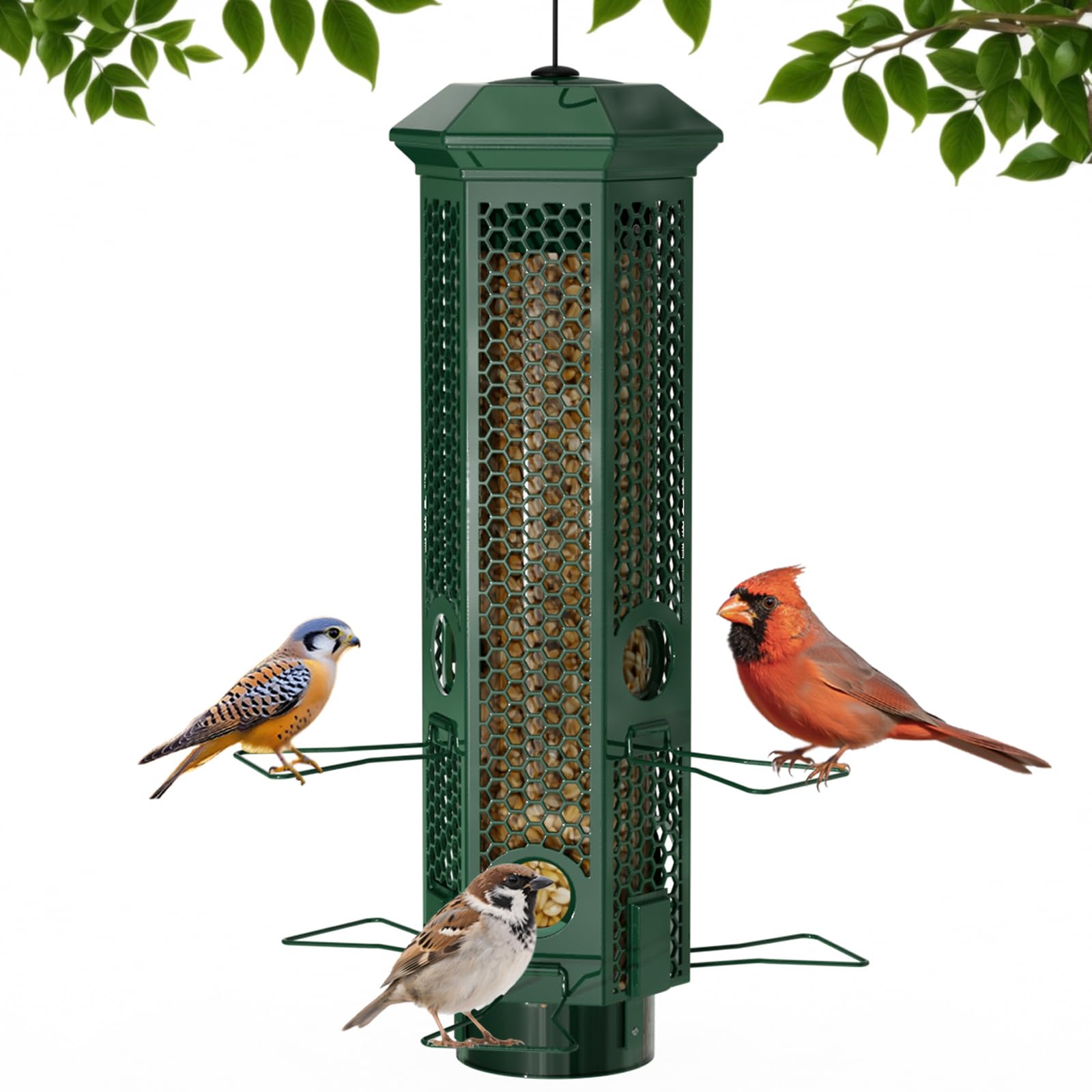 Photo 1 of Squirrel Proof Bird Feeders, Bird Feeder for Outdoors with Removable Base, 6 Ports Perches Gravity Protection Squirrel Proof Wild Bird Feeders, 3LB Seed Capacity, Green