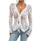 Lace Tops for Women Y2k Tie Front Ruffle Trim Sheer Mesh Tops See Through Floral Tie Up Cardigan Shirt