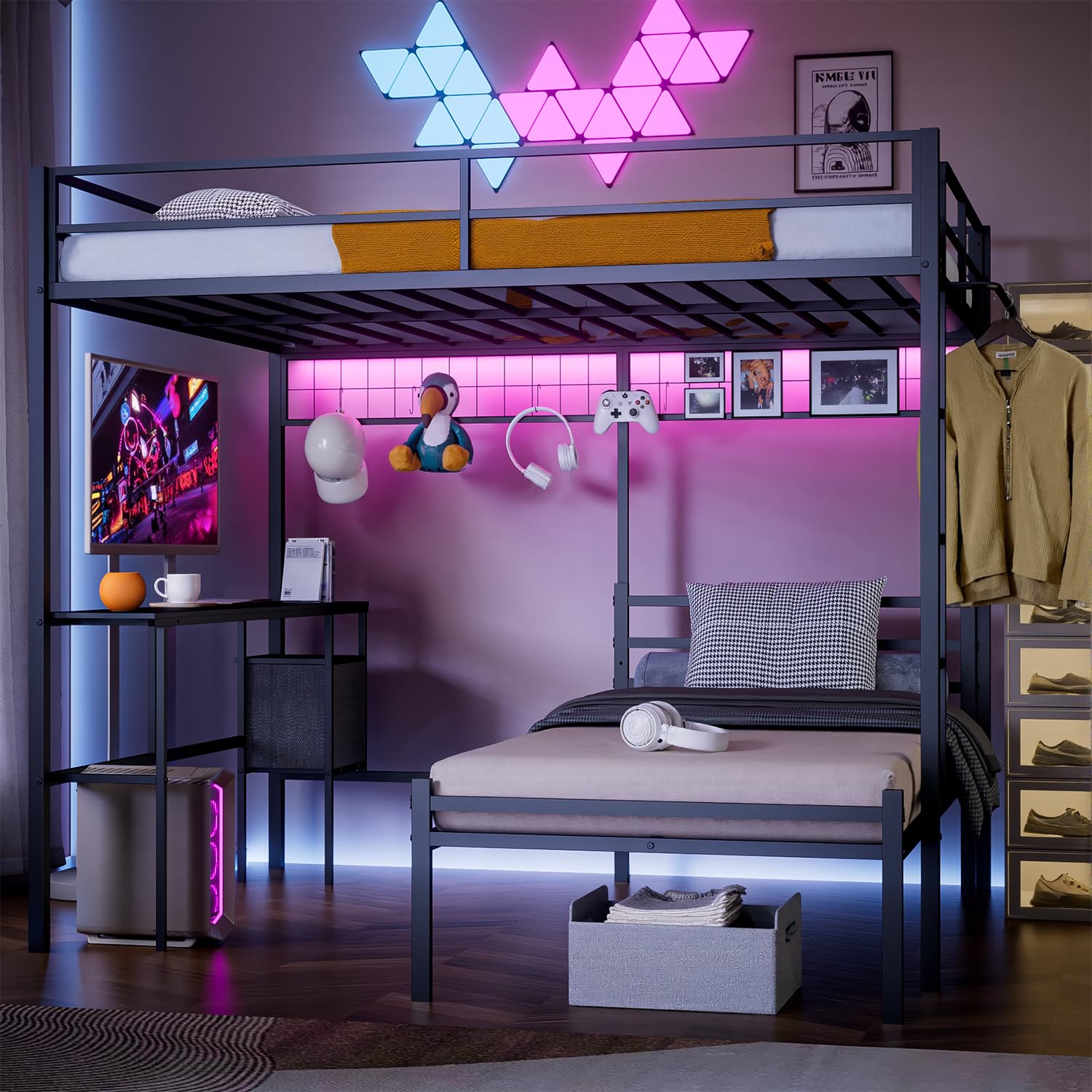 Photo 1 of ***PARTIAL SET***Queen Over Twin Bunk Bed with Desk - Detachable Queen Loft Bed with Drawers & Shelves, L-Shaped Create Spacious Home Office or Lounge Underneath - Sturdy Metal Frame Family-Friendly for All Ages